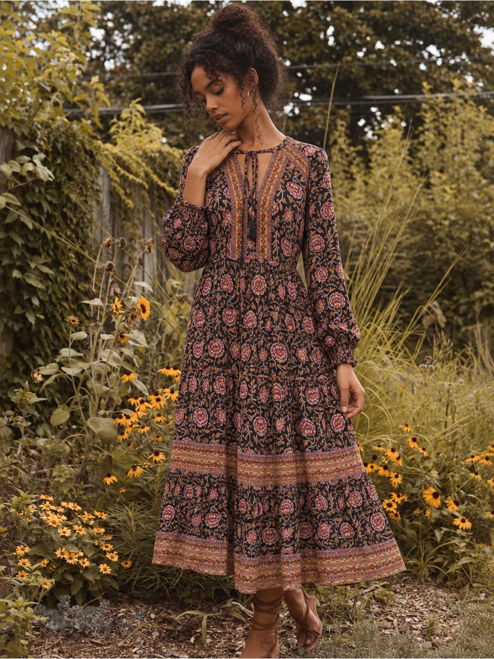 Knox Rose Boho Floral Maxi Midi Dress Black Rust Fall Autumn Tiered Skirt